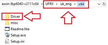 開啟該資料夾並確認其中包含:…\UFRII\uk_eng\x64\Driver
